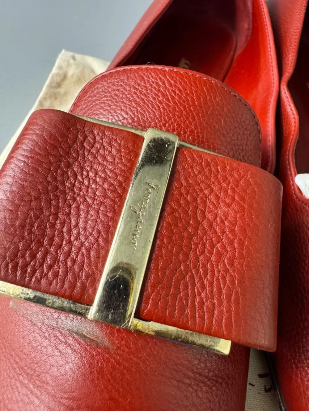 Salvatore Ferragamo Red Leather Hausen Bow-detail Flat Pumps, Size 8.5
